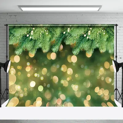 Gold Bokeh Green Pine Christmas Photo Backdrop - Aperturee