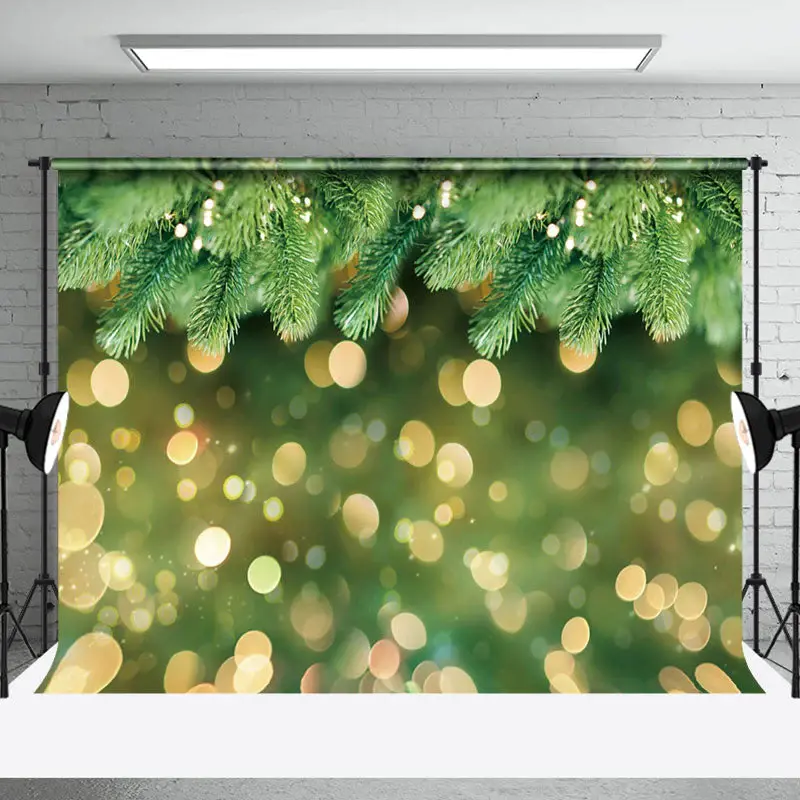 Gold Bokeh Green Pine Christmas Photo Backdrop - Aperturee