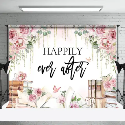 Happily Ever After Floral Books Backdrop For Wedding - Aperturee
