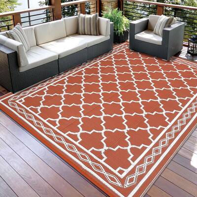 Garvee Outdoor Brick Red 8x10 Waterproof Rug Reversible Geometric Trellis Pattern Durable PP Plastic UV-Resistant Foldable Pa...