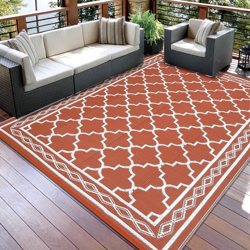 Garvee Outdoor Brick Red 8x10 Waterproof Rug Reversible Geometric Trellis Pattern Durable PP Plastic UV-Resistant Foldable Pa...