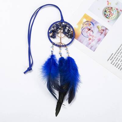 Flat Round with Tree of Life Natural Lapis Lazuli Chip Pendant Decoration