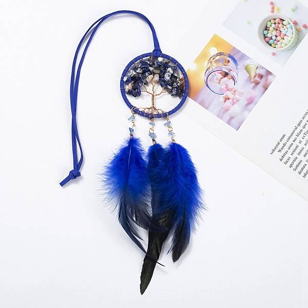 Flat Round with Tree of Life Natural Lapis Lazuli Chip Pendant Decoration