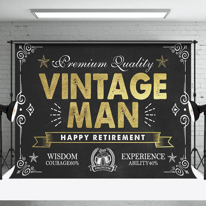 Black Gold Vintage Man Happy Retirement Backdrop - Aperturee