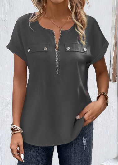 Modlily Grey Zipper Short Sleeve Round Neck Blouse - S