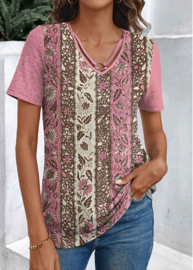 Modlily Pink Patchwork Floral Print Short Sleeve T Shirt - XL