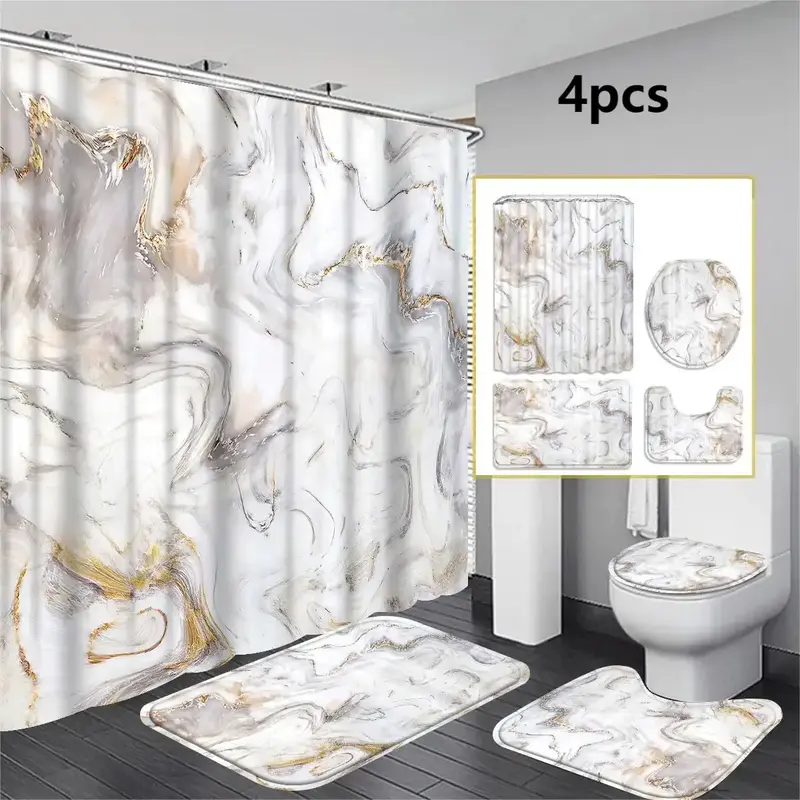 Marble Pattern Bathroom Shower Curtain & Toilet Mat Set, 1 Count Bathroom Decorative Curtain & 4 Counts Shower Curtain & Toil...