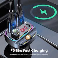 Wireless Bluetooth Car Charger, Car FM Transmitter with 7 LED, Hands-free Music Player,  4-1 Charging Cable USB-C Fast Charge...