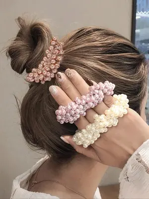 Cute Faux Pearl Decorated Hair Scrunchie, 3pcs/set Elegant High Stretch Hair Ties for Women and Girls, Minimalist Headwear fo...