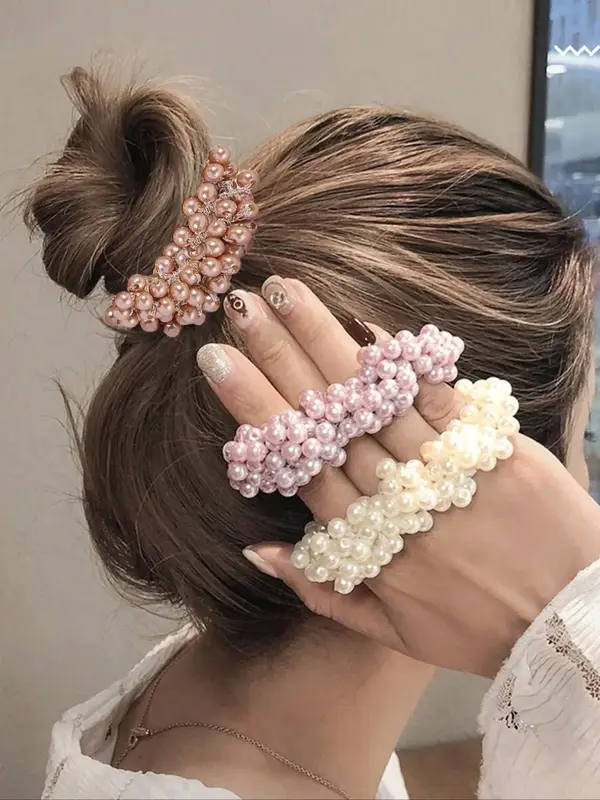 Cute Faux Pearl Decorated Hair Scrunchie, 3pcs/set Elegant High Stretch Hair Ties for Women and Girls, Minimalist Headwear fo...