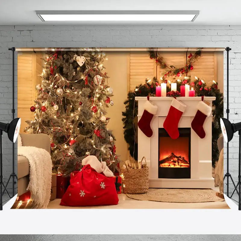 Aperturee Cozy Light Candle Fireplace Tree Christmas Backdrop