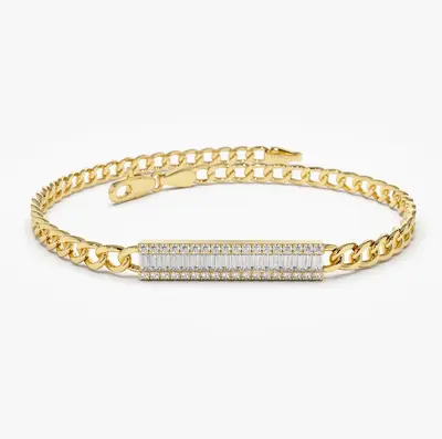 14K Gold Baguette Diamond Bar Cuban Link Bracelet