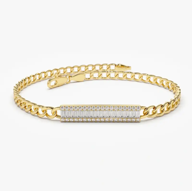 14K Gold Baguette Diamond Bar Cuban Link Bracelet