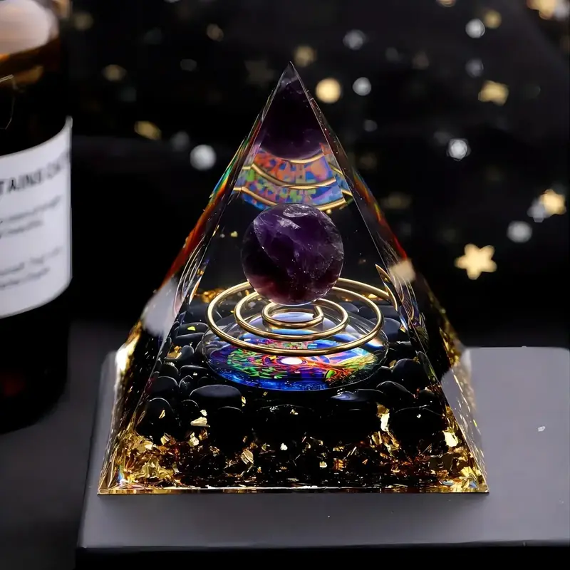 Natural Stone Amethyst Pyramid, 1 Count Inlaid Ball Decoration, DIY Home Balcony Living Room Decoration, Relieve Stress Medit...