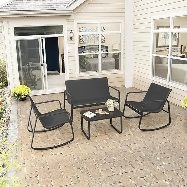 YITAHOME 4 Piece Patio Furniture Set, Small Backyard Bistro Rocking Chairs, Loveseat and Glass Table, Textilene Outdoor Conve...