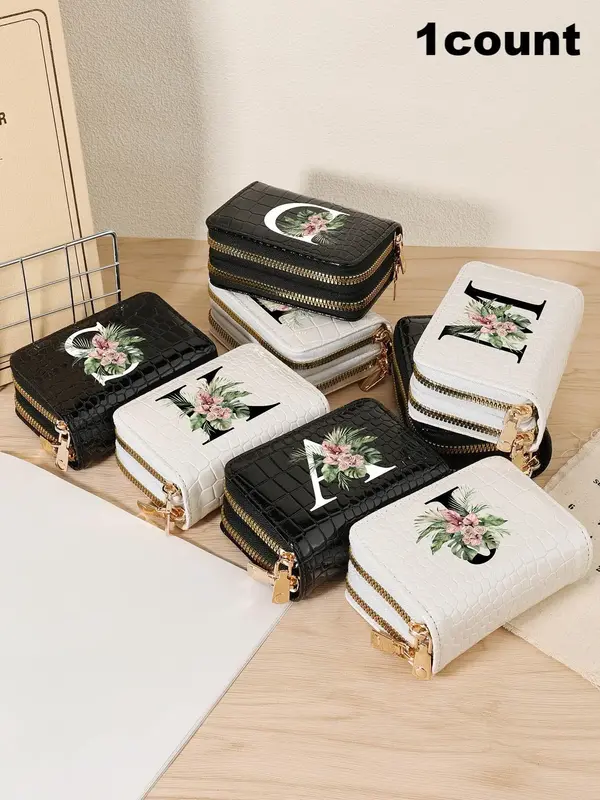 Fashion Letter & Floral Pattern Card Holder, Stylish Crocodile Textured Short Wallet with Double-layer Zipper, Simple Casual ...