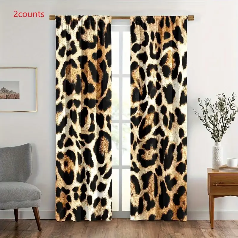 Leopard Print Curtain, 2 Counts Decorative Window Curtain, Washable Rod Pocket Drapes for Home Bedroom & Living Room Decor