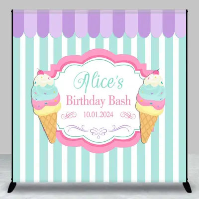 Personalized Ice Cream Stripe Happy Birthday Backdrop - Aperturee