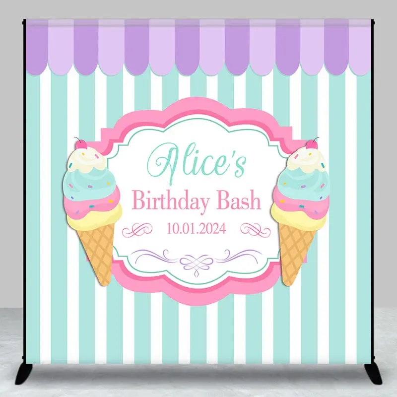 Personalized Ice Cream Stripe Happy Birthday Backdrop - Aperturee