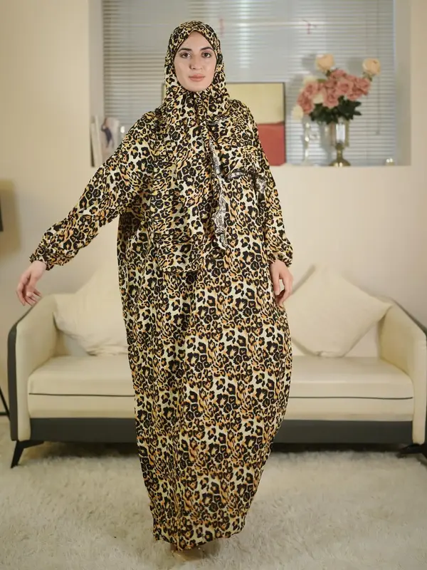 Women's Leopard Print Batwing Sleeve Hooded Dress, Modest Long Sleeve A Line Dress for Daily Wear, Ladies Islamic Clothing fo...