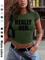 Women's Letter Print Round Neck Crop Tee, Casual Short Sleeve Crew Neck T-shirt for Daily Wear, Ladies Clothes for All Season...