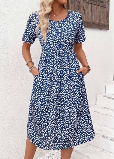 Modlily Navy Pocket Ditsy Floral Print Short Sleeve Dress - L