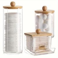 Clear Storage Jar with Wooden Lid, 3 Counts/1 Set Cotton Swab Storage Box, Bathroom Storage Container for Cotton Swab, Cotton...