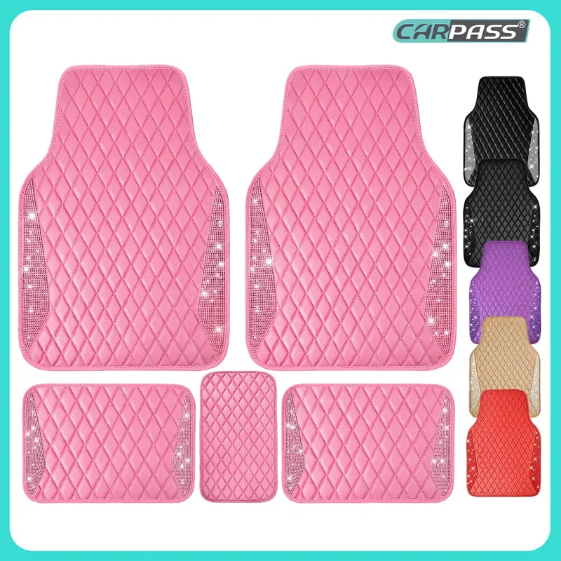 CAR PASS 5pcs Pink Bling Leather Car Mats Shining Diamond Rhinestones Sparkly Anti-Slip Waterproof Universal Fit Automotive S...