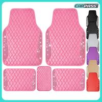 CAR PASS 5pcs Pink Bling Leather Car Mats Shining Diamond Rhinestones Sparkly Anti-Slip Waterproof Universal Fit Automotive S...