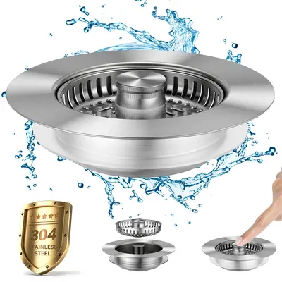 JOMST 3-in-1 Kitchen Sink Drain Strainer, Stainless Steel Sink Plug, Deodorizing Anti-Clog Basket Strainer for US Standard 3-...