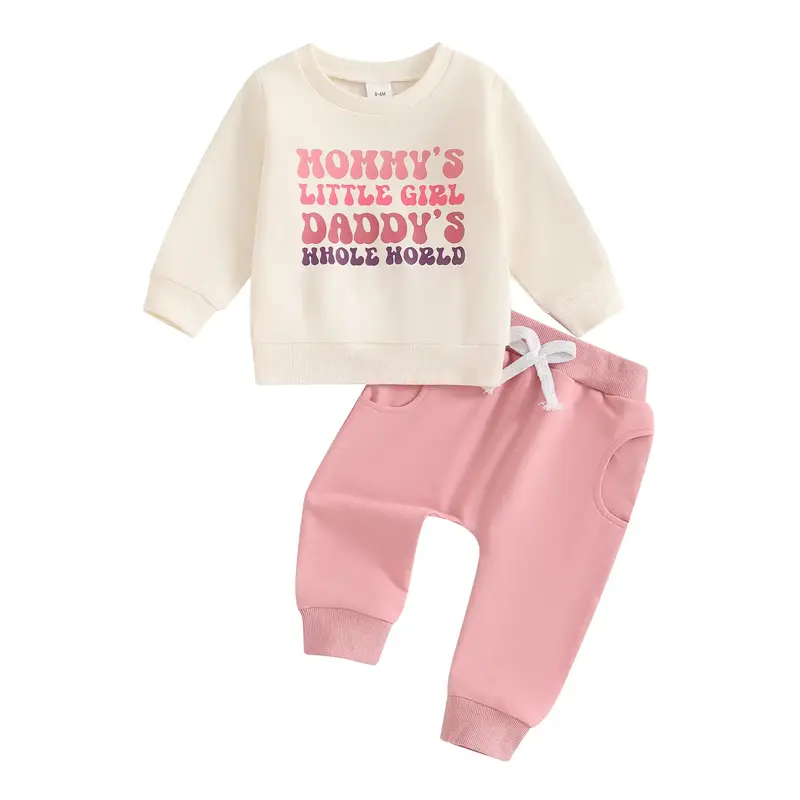 Toddler Girl Fall Outfits Letter Print Long Sleeve Crew Neck Tops with Solid Color Long Pants 2Pcs Set