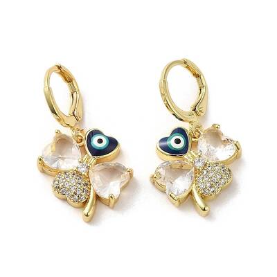 Clover with Evil Eye Real 18K Gold Plated Brass Dangle Leverback Earrings