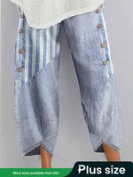 Plus Size Striped Print Fake Buttons Split Hem Pants, Casual Elastic Waist Wide Leg Trousers for Daily Wear, Women's Bottoms...