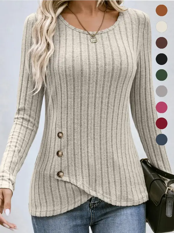 Women's Plain Buttons Asymmetrical Hem Wrap Knit Top, Casual Long Sleeve Round Neck Top for Spring & Fall, Women's Knitwear,...