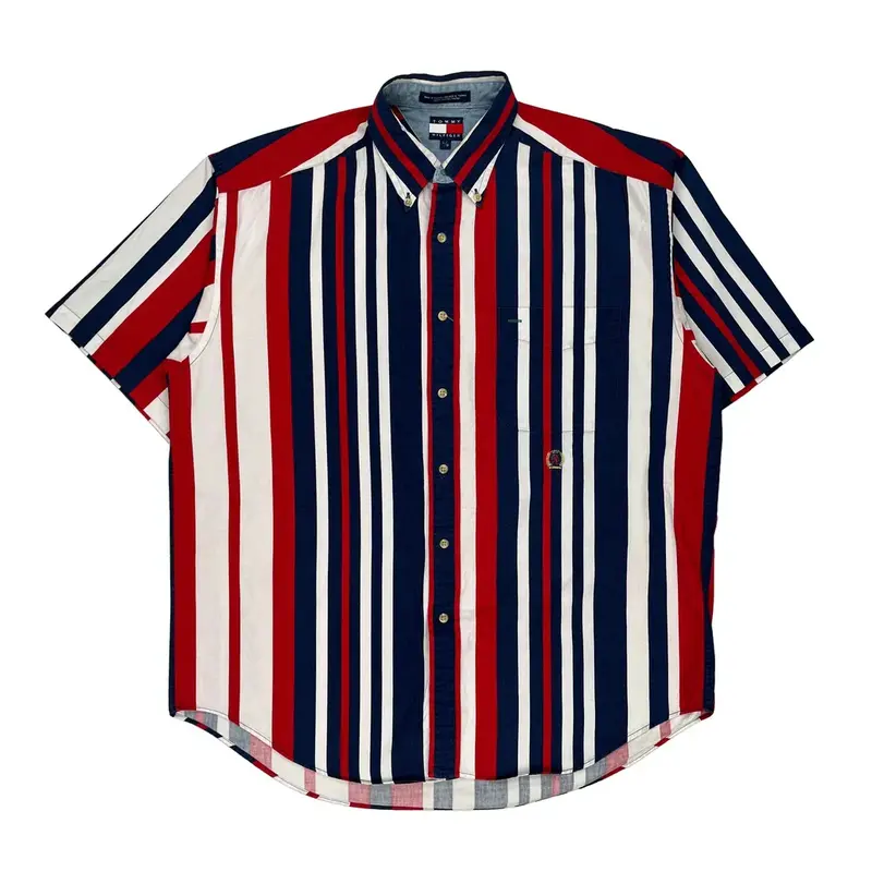 Tommy Hilfiger Striped Short Sleeve Shirt - Large Blue Cotton