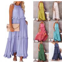 2025 Women's Fashion Summer New Holiday Ruffled Long Dress Wide Hem Flowy Beach Dress for Women