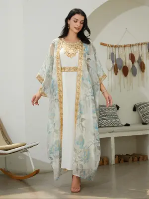 Traditional Middle Eastern Style Sequined Lace Two-Piece Chiffon Dress Abaya Long Robe for Arab Women, Elegant and Stylish Lo...