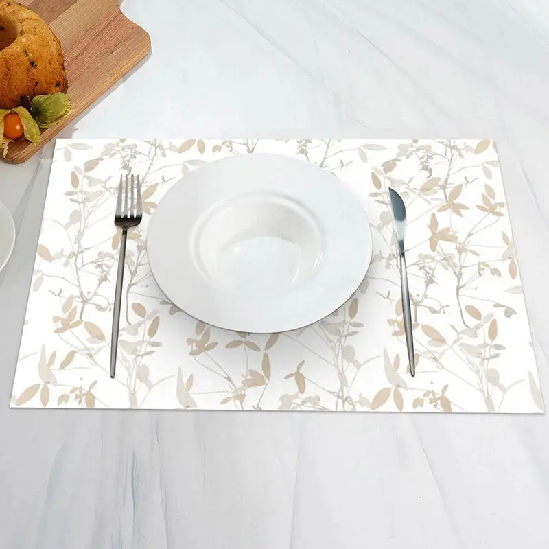 Beige Seamless Leaves Simple Set Of 4 Placemats - Aperturee