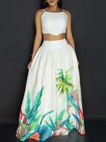 Women's Plants Print Crop Spaghetti Strap Cami Top & Skirt Two-piece Set, Casual Fashion Cozy Two Piece Set for Daily Holiday...