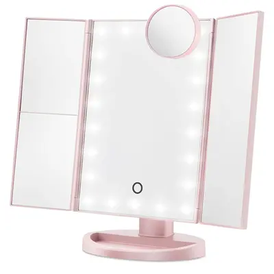 Foldable LED Mirror with Light for Vanities, USB Rechargeable Touch Mirror Light with Magnification, Portable Makeup Table Mi...