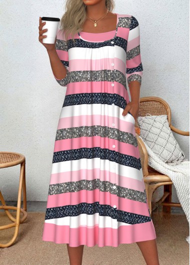 Modlily Pink Patchwork Striped A Line 3/4 Sleeve Dress - M