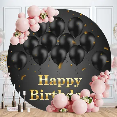 Aperturee Black Ballons Round Gold Happy Birthday Backdrop