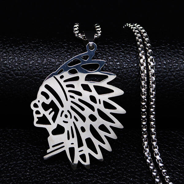 304 Stainless Steel Hollow Cut American Indian Chief Pendant Necklaces