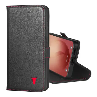 Samsung Galaxy S26+ Leather Wallet Case (with Stand Function) - Black with Red Detail