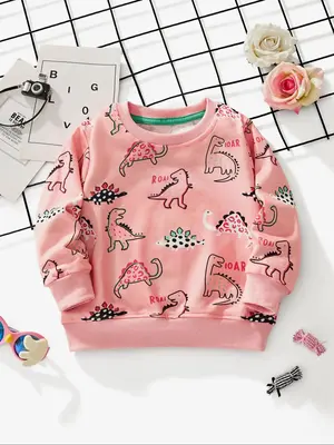 Girl's All Over Dinosaur Print Crew Neck Sweatshirt, Casual Long Sleeve Pullover for Fall & Winter, Kids Clothes for Daily We...