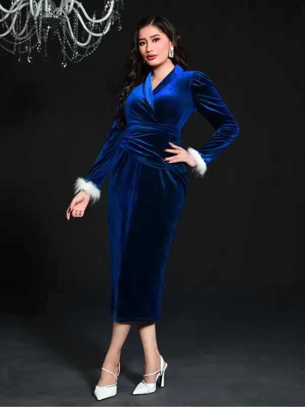 Arabic Clothing-Women's Contrast Faux Fur Ruched Wrap Shawl Collar Dress, Elegant Long Sleeve Arabian Dress for Spring & Fall...