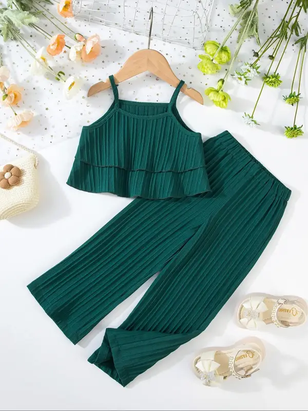 Toddler Girl's Solid Crop Tank Top & Wide Leg Pants Two-Piece Set, Casual Fashion Cozy Two Piece Outfits for Daily Outdoor We...