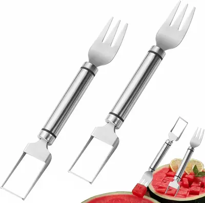 2-in-1 Watermelon Fork Slicer Cutter - 2Pcs Stainless Steel Watermelon Slicer Tool, Portable Fruit Cutter for Camping, Picnic...