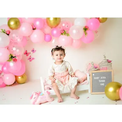 Pink Balloons Warm Beige Butterflies Birthday Backdrop - Aperturee