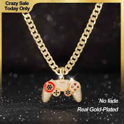 Holylegend 14K Real Gold-Plated Game Controller Necklace, Sony-Inspired CZ Diamond Pendant, 24 Cuban & Rope Chain, Hip Hop ...